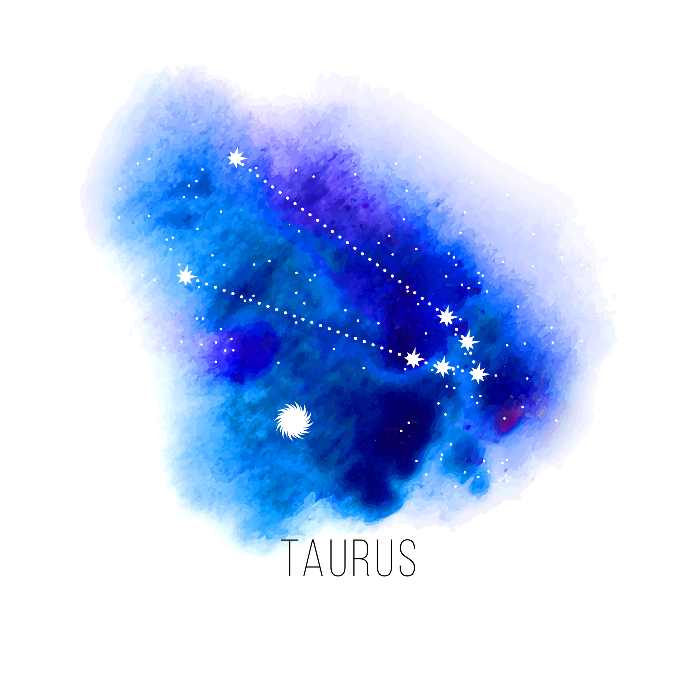Astrology sign Taurus on blue watercolor background. Zodiac constellation and part of zodiacal system and ancient calendar. Mystic symbol with stars, sun, moon and dots. Western horoscope illustration